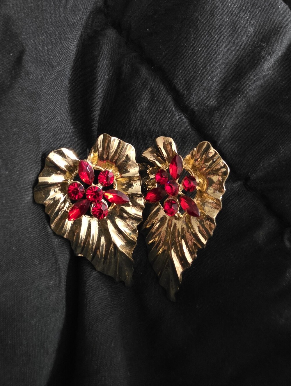 Gold Leaf Red Crystal Floral Clip-On Earrings